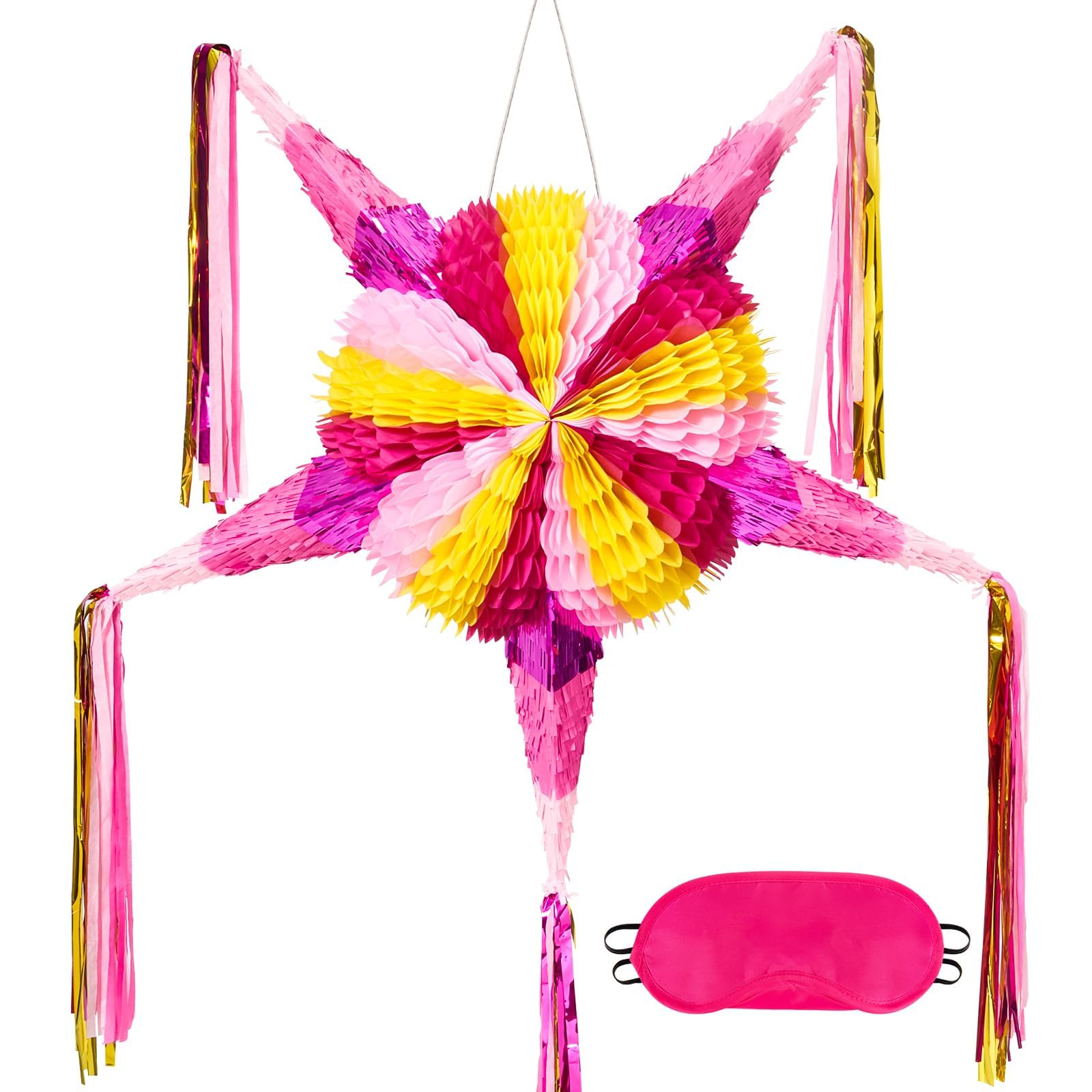 WERNNSAI Pink Mexican Star Pinata - Foldable Cinco de Mayo Star Party Decorations Fiesta Pink Star Pinata for Colorful Birthday Carnivals Festivals Celebration Party Supplies with Blindfold — image 1