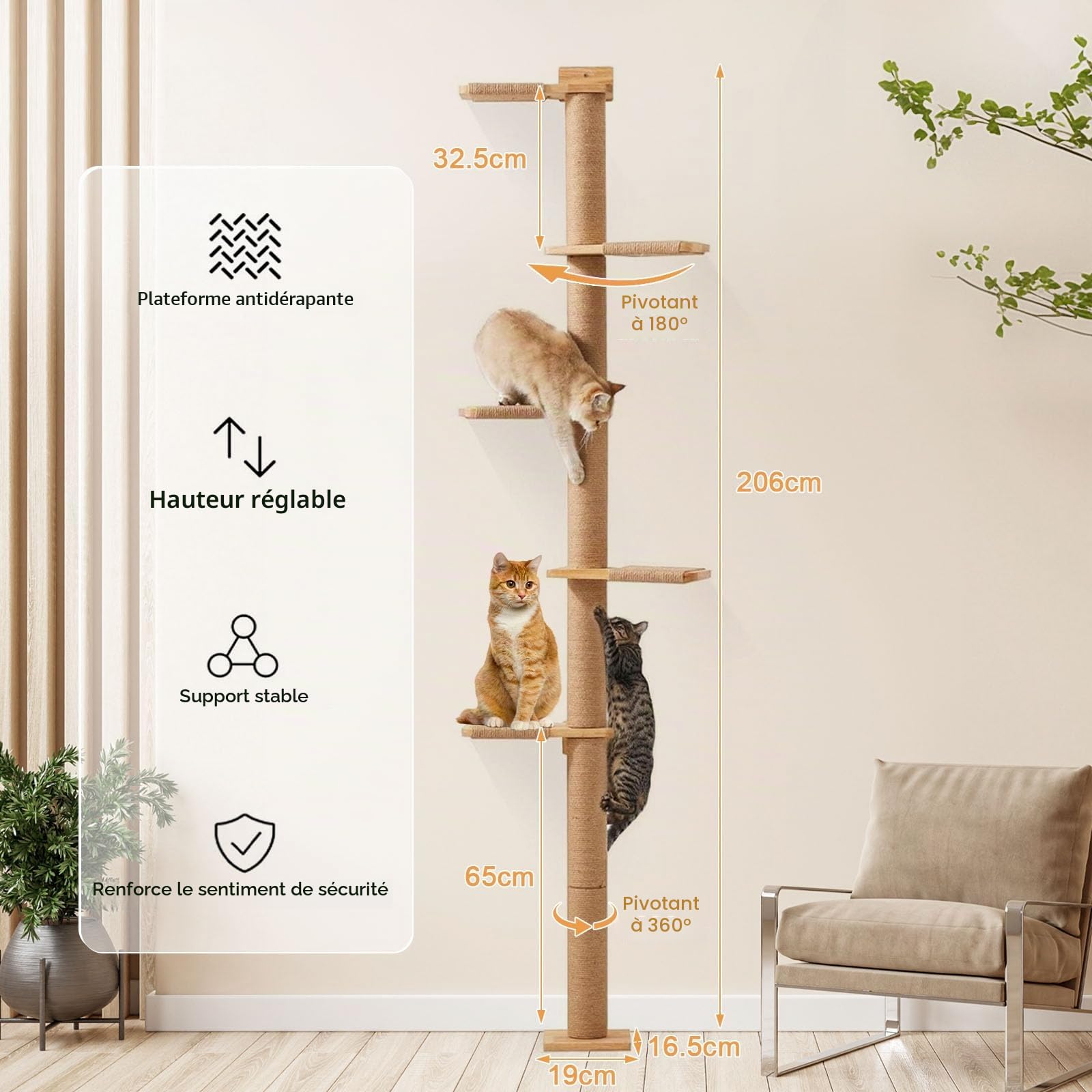 Arbre à chat à 5 étages (206 cm), réglable du sol au plafond, construction murale stable, avec griffoir, pour grimper, gratter