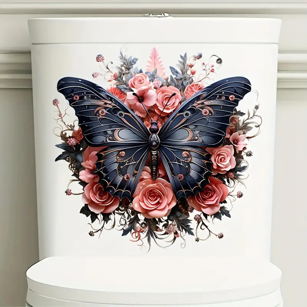 Tolovis Color Dark Butterfly Flower Toilet Cover Sticker Decals,Flower Leaf Bird Waterproof Toilet Lid Tank Seat Decals Cistern Self-Adhesive Bathroom Wall Sticker
