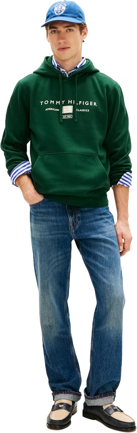 Tommy Hilfiger Men's Medium Weight Cotton Hoodie Sweatshirt With Printed Stacked Chest Graphic