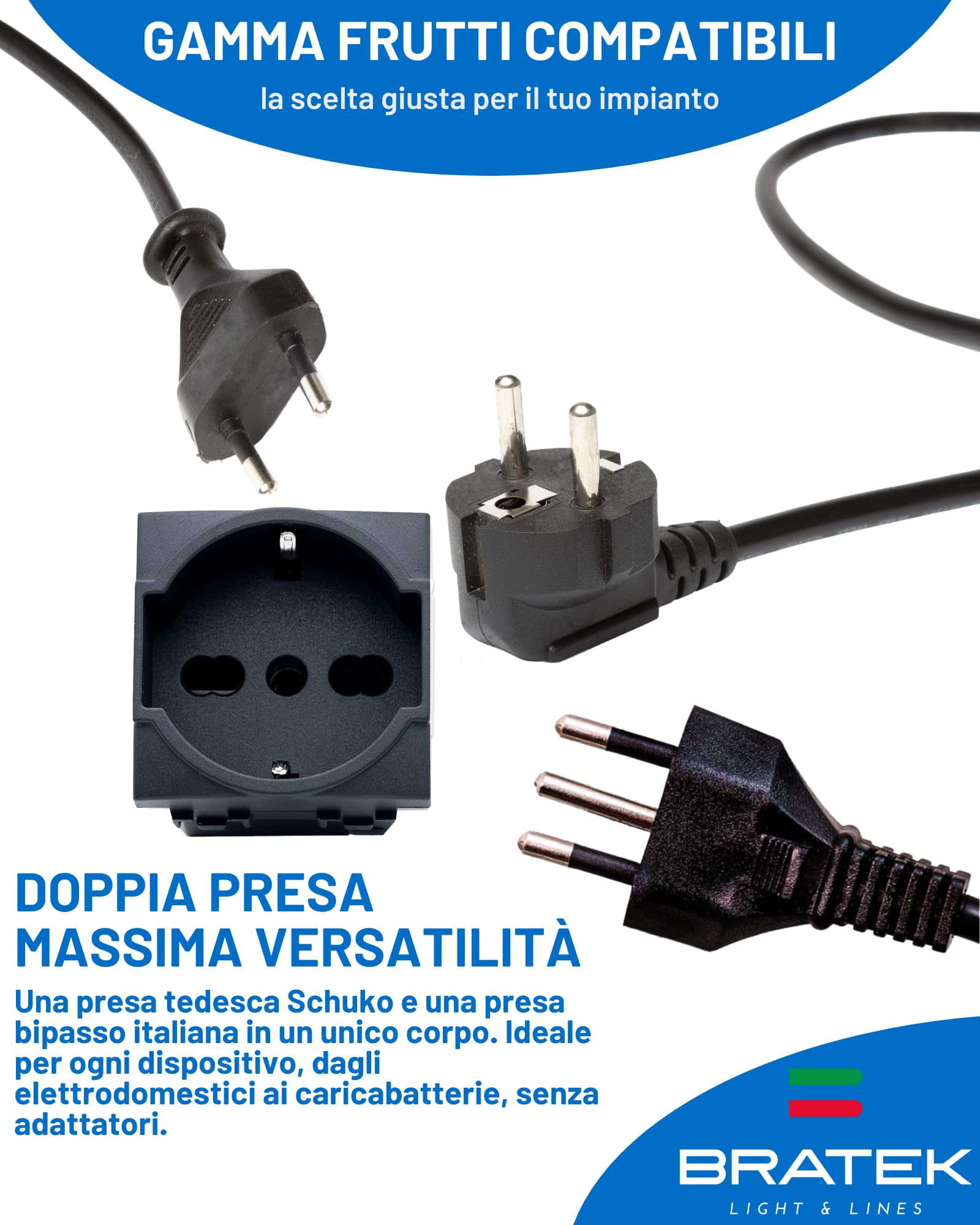 Bratek 2 Prese Schuko Compatibile Bticino Living Light e International 2P+T 10/16A - Presa Elettrica a Muro Tedesca + Bipasso Italiana Antracite x Supporti B Ticino Livinglight e Living International