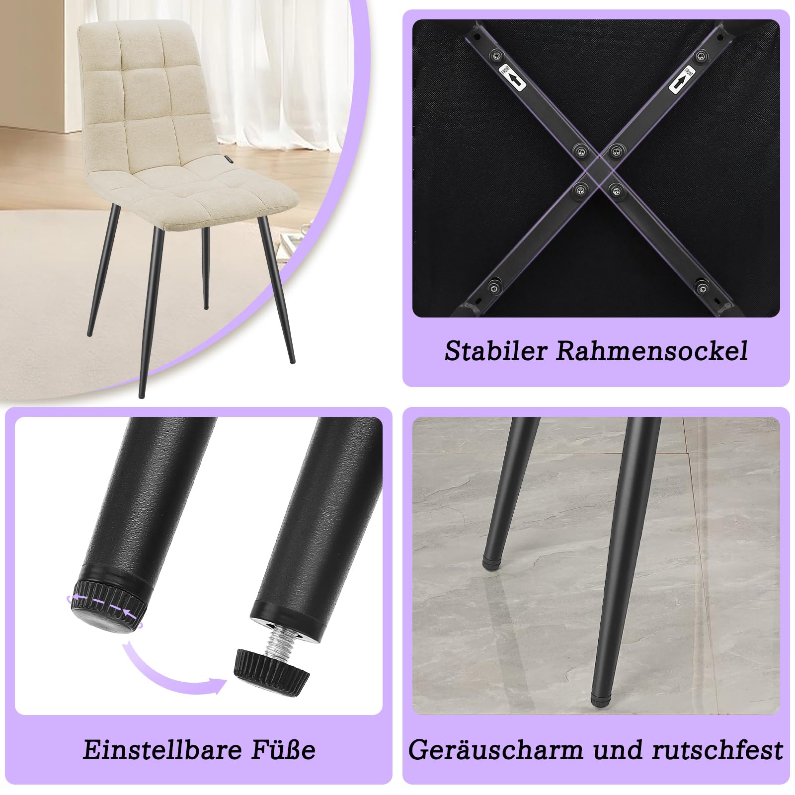 WAFTING Essgruppe Esstisch mit 6 Stühlen, 140×80×73cm HDF Esstisch mit Helle Holzmaserung, und Gepolsterte Beige Esszimmerstühle mit hoher Rückenlehne und Leinendesign, für Küche Esszimmer, Wohnzimmer