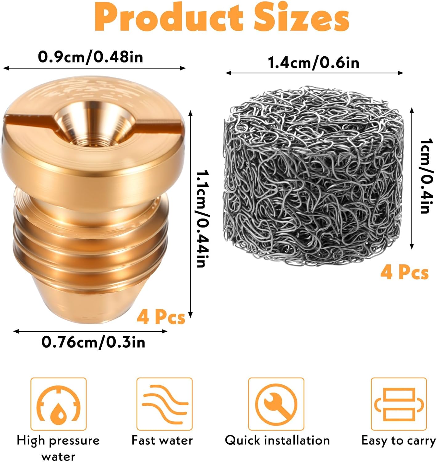 4Pcs Foam Nozzle Tips 4Pcs Bubbler Nets, 1.1mm Universal Brass Thread Nozzle Tips and Mesh Filter Copper Spray Core for Snow Foam Lance Pressure Washer Snow Lance Supplies