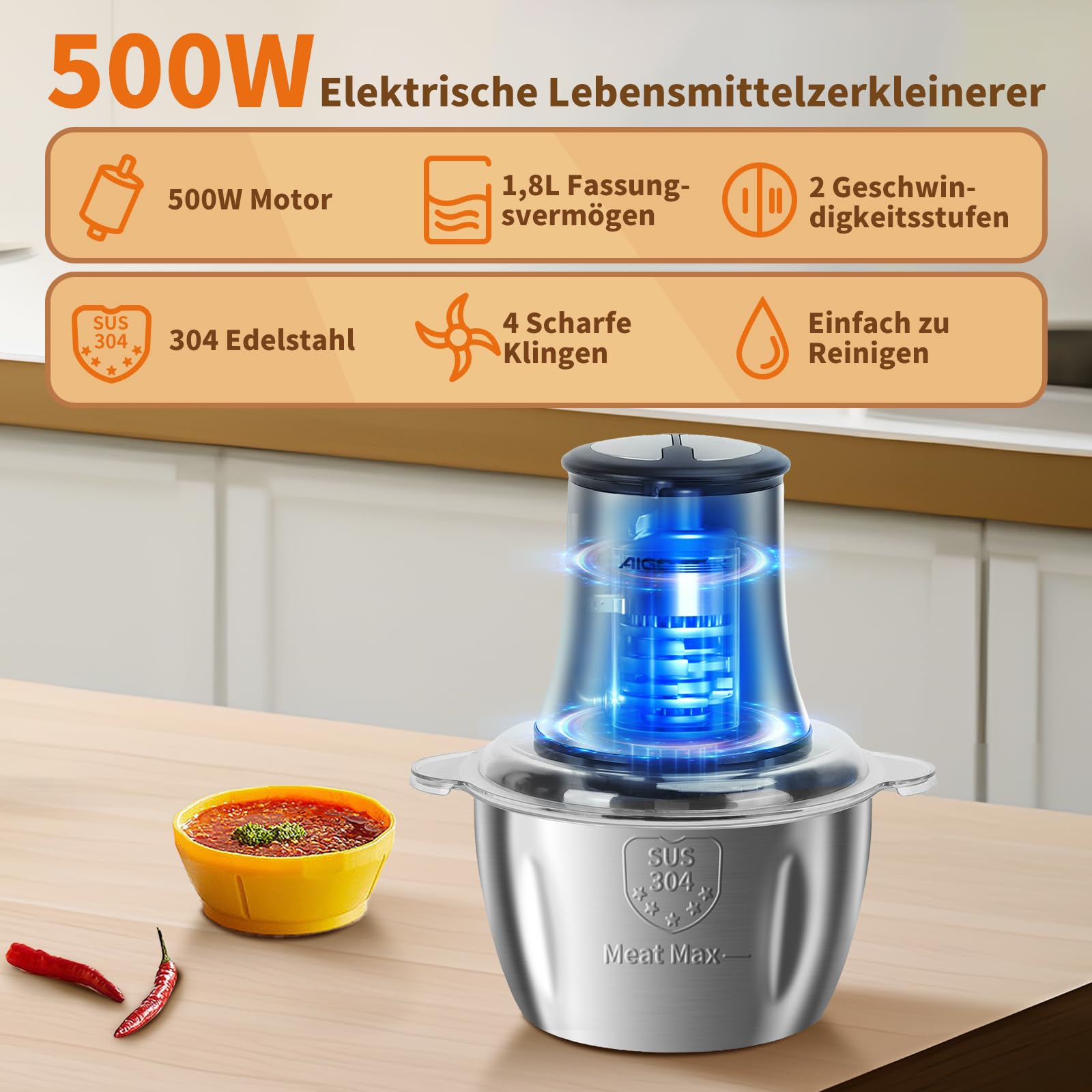 Aigostar Flor Zerkleinerer küche elektrisch 500W, Multizerkleinerer elektrisch mit 1.8L Edelstahl-Schüssel, 4 Edelstahlklingen, 2 Geschwindigkeiten für Fleisch, Gemüse, Nüsse