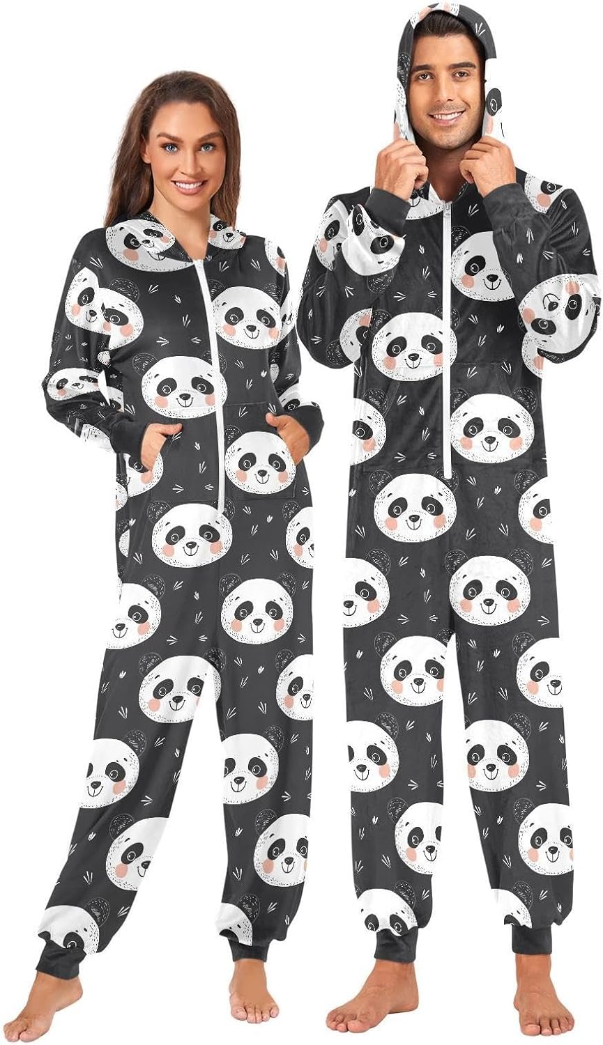 ZZKKO Cute Panda Head Adult Onesie Pajamas for Women Men Cozy One Piece Pajamas Costume Zip-Up Hooded S-XL