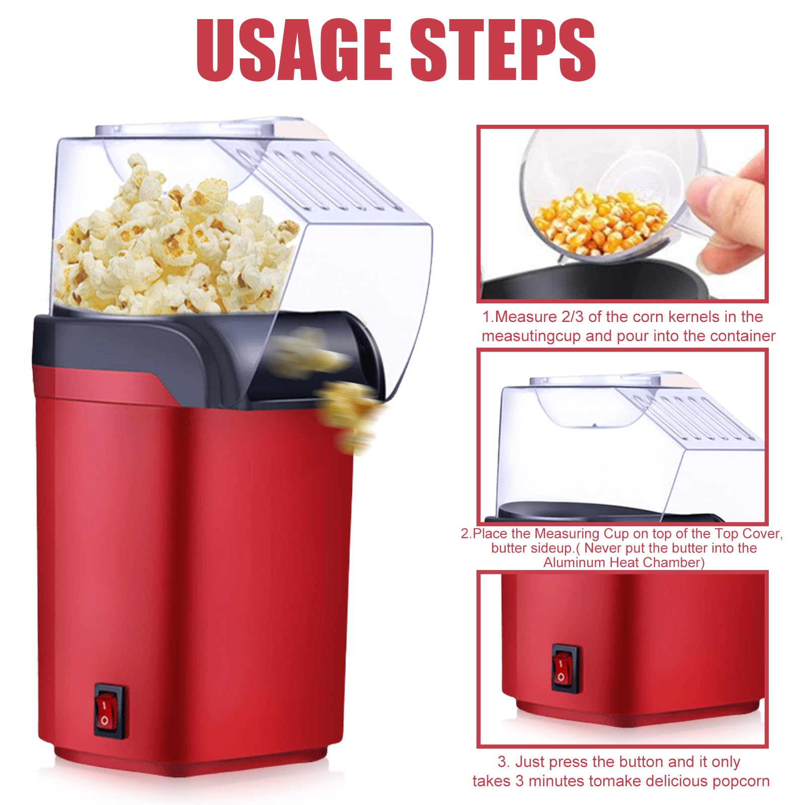 Macchina per popcorn ad aria calda, 1200 W, senza olio, senza grassi, senza BPA, veloce in 3 minuti, funzionamento con un tocco, compatta, design retrò, per casa, home theater, Natale, feste