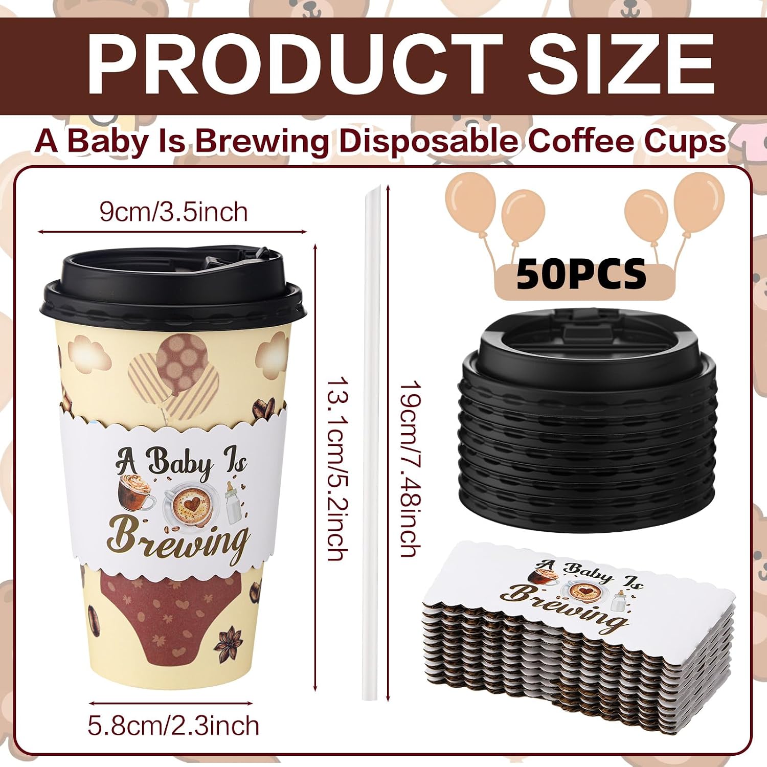 Jingmore 50 Set a Baby Is Brewing Coffee Cups with Lid Straw and Sleeves Disposable Baby Shower Favors Coffee Tea Cup 16 oz Party Supplies for Guests Gender Reveal Decoration
