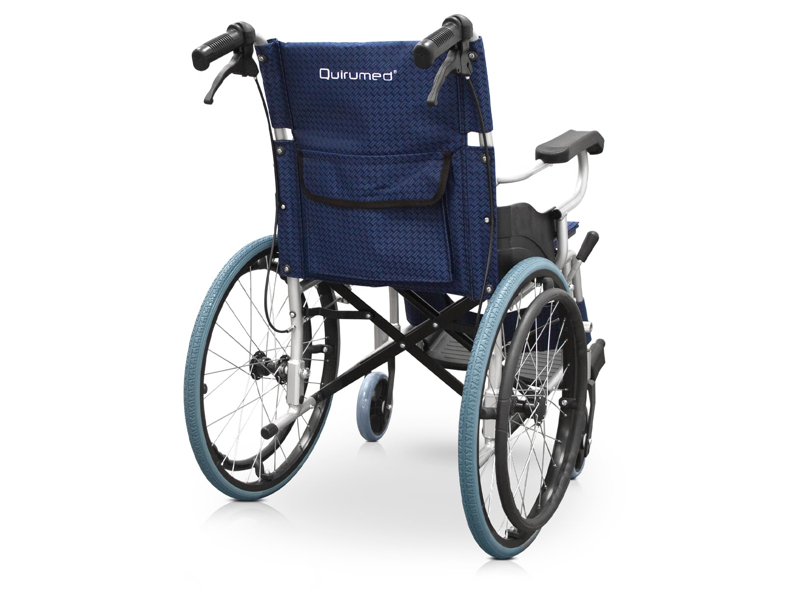 QUIRUMED Silla de ruedas ligera plegable de aluminio, Asiento 44 cm, Reposapiés abatibles, Ruedas macizas, Frenos de mano y en manetas, Para mayores, Para minusválidos