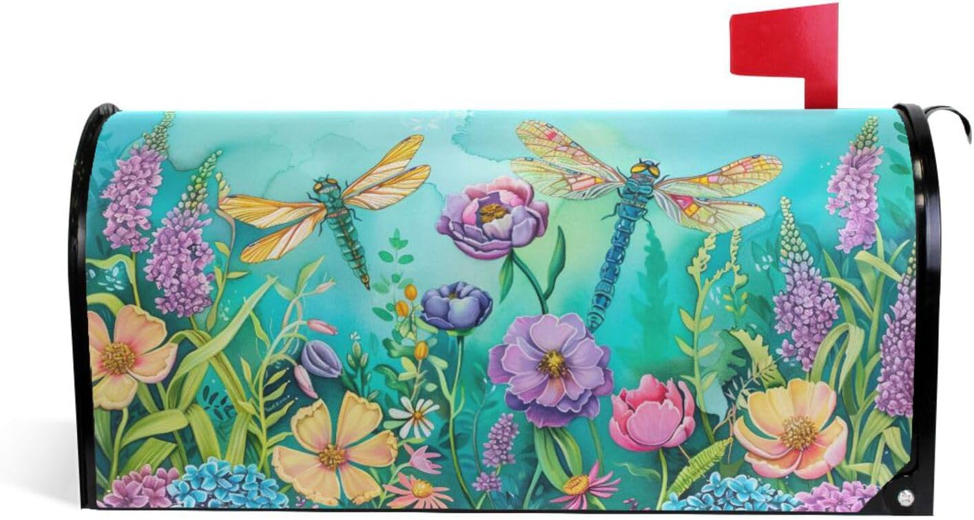 ALAZA Spring Peonies Hydrangeas Daisy Flowers Dragonfly Magnetic Mailbox Cover MailWraps Garden Yard Home Decor for Outside Standard Size-18"x 20.8"…