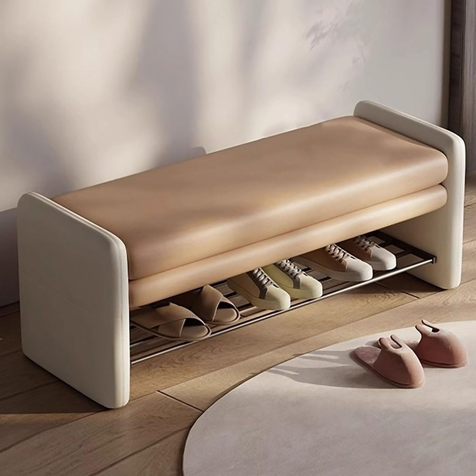 Banc d'entrée en bois massif avec étagère de rangement et siège rembourré confortable