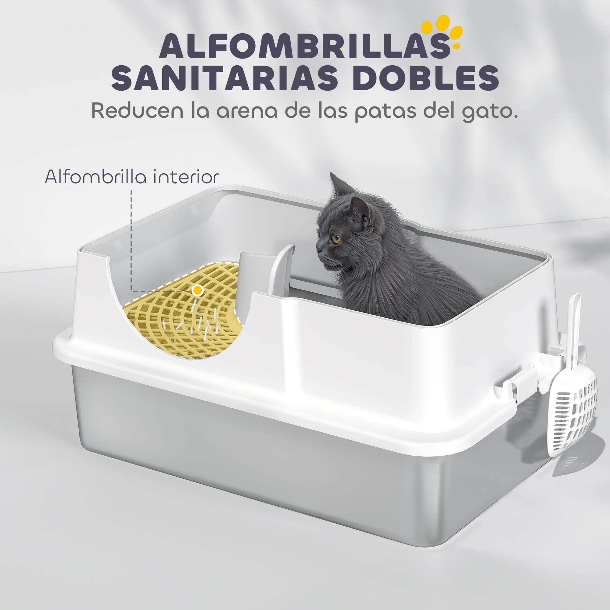 PawHut Arenero para Gatos Cubierto Cerrado Extragrande Blanco | Bandeja de Acero Inoxidable, Tapa Extraíble, Bordes Altos, Pala, sin Olor, Fácil de Limpiar, para Gatos Grandes