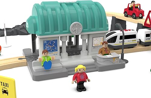 Miniatura 2 de Estación de tren para pistas de madera, accesorios de tren túnel con sonidosluces para niños, juguetes de trenes para automóviles motorizados para