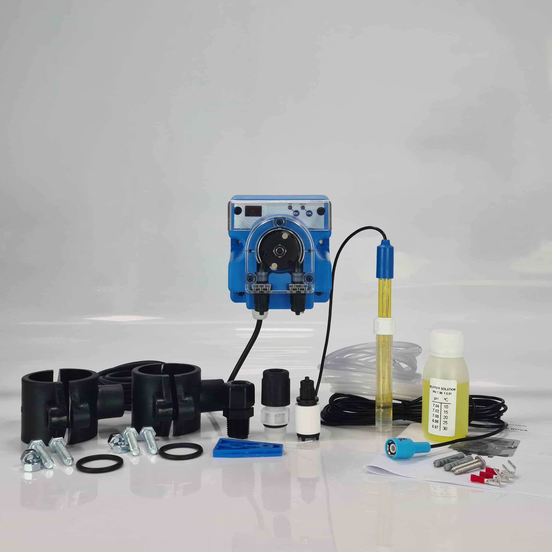 Regulador automático de pH para Piscinas Bomba peristáltica con Lectura y regulación del Nivel de pH. con sonda de Lectura y Kit de instalación. Azul