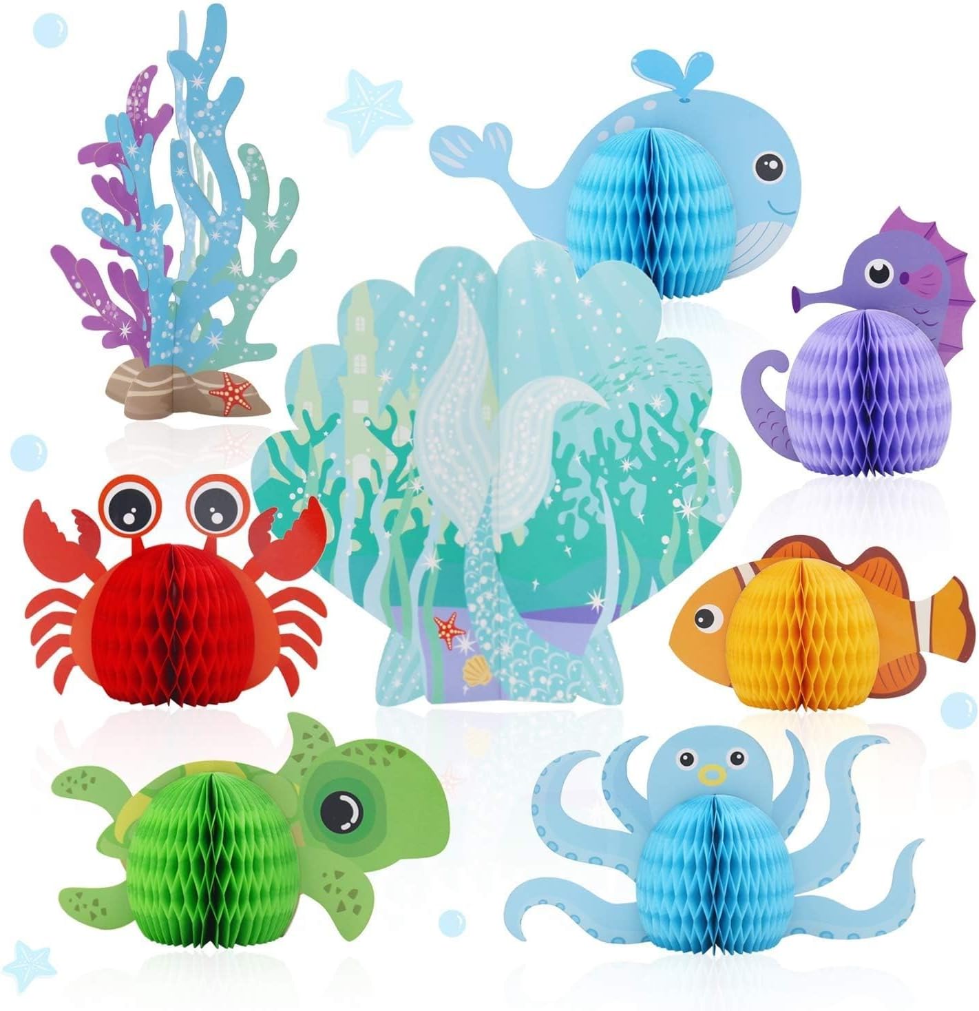 Distaratie 8 Pcs Under The Sea Party Decorations Sea Animal Honeycomb Centerpiece Mermaid Birthday Party Supplies for Beach Baby Shower Wedding Pool Party