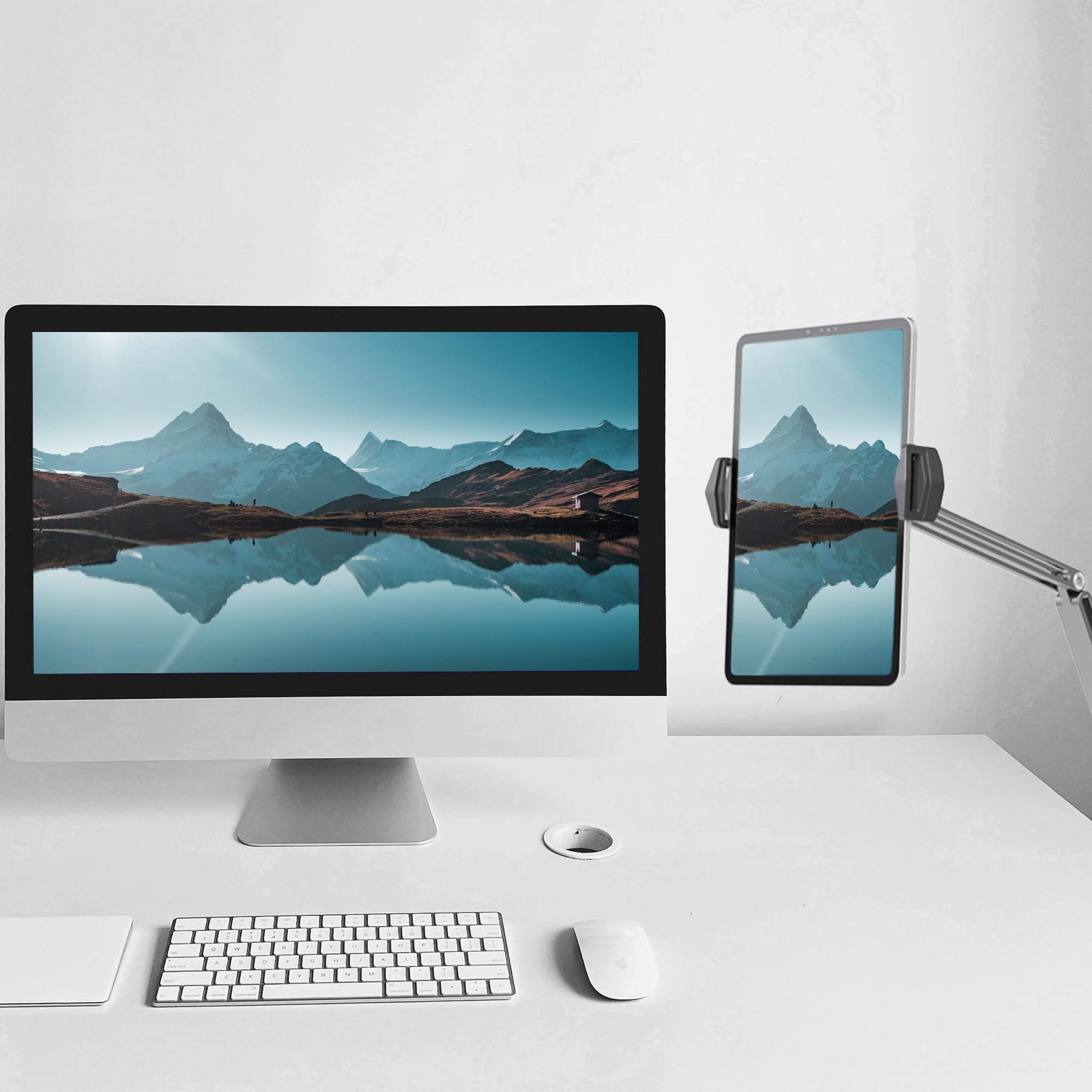 Desire2 Flex Arm przenośny uchwyt na tablet, stylowy uchwyt na biurko, w pełni regulowane ramię pasuje do większości tabletów, przenośny stojak na tablet do łatwego przenoszenia, trwały aluminiowy
