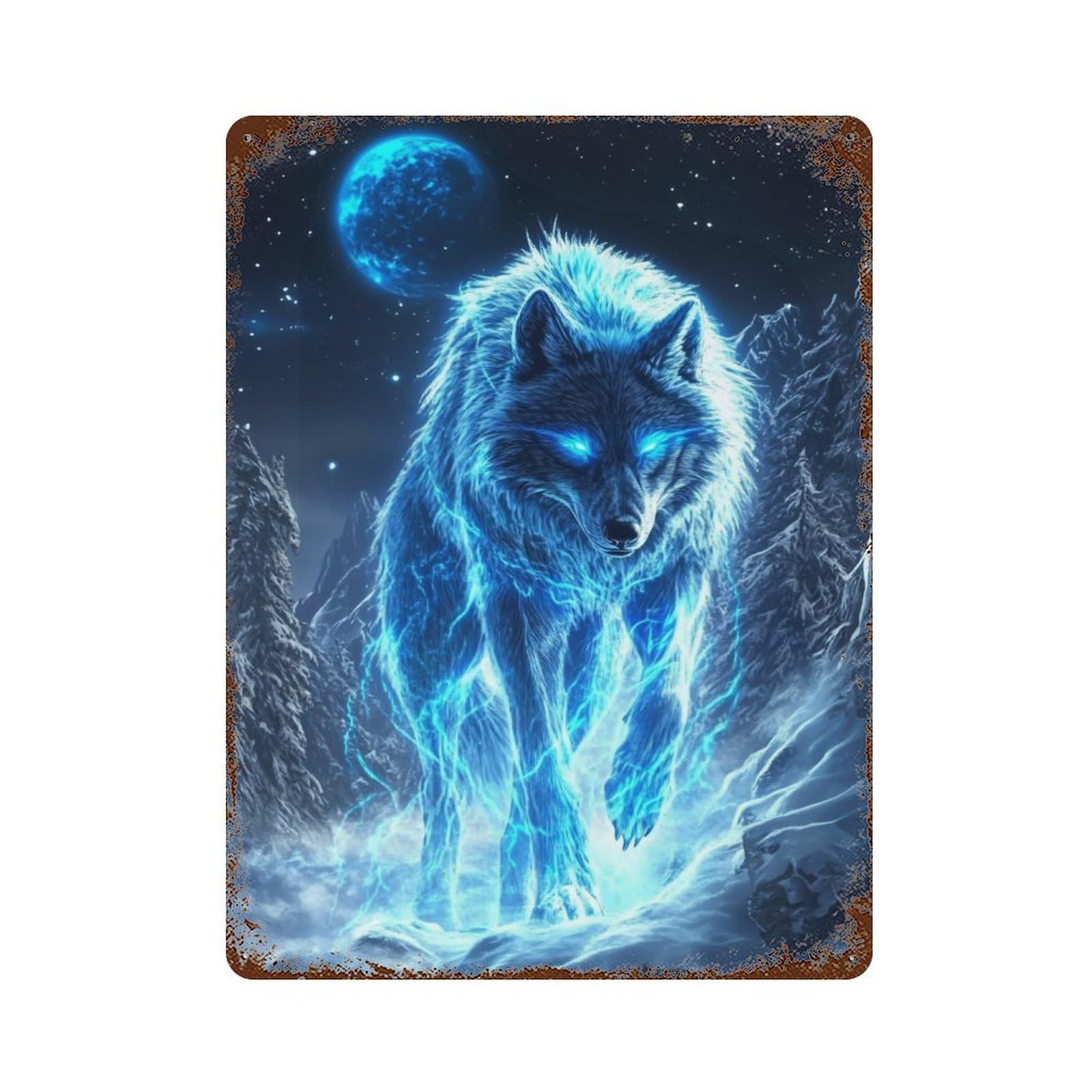 Electric Wolf in Snowy Landscape Rusty Metal Tin Sign 15.7"x11.8", Ideal for Shed, Workshop And Garage Wall Decor