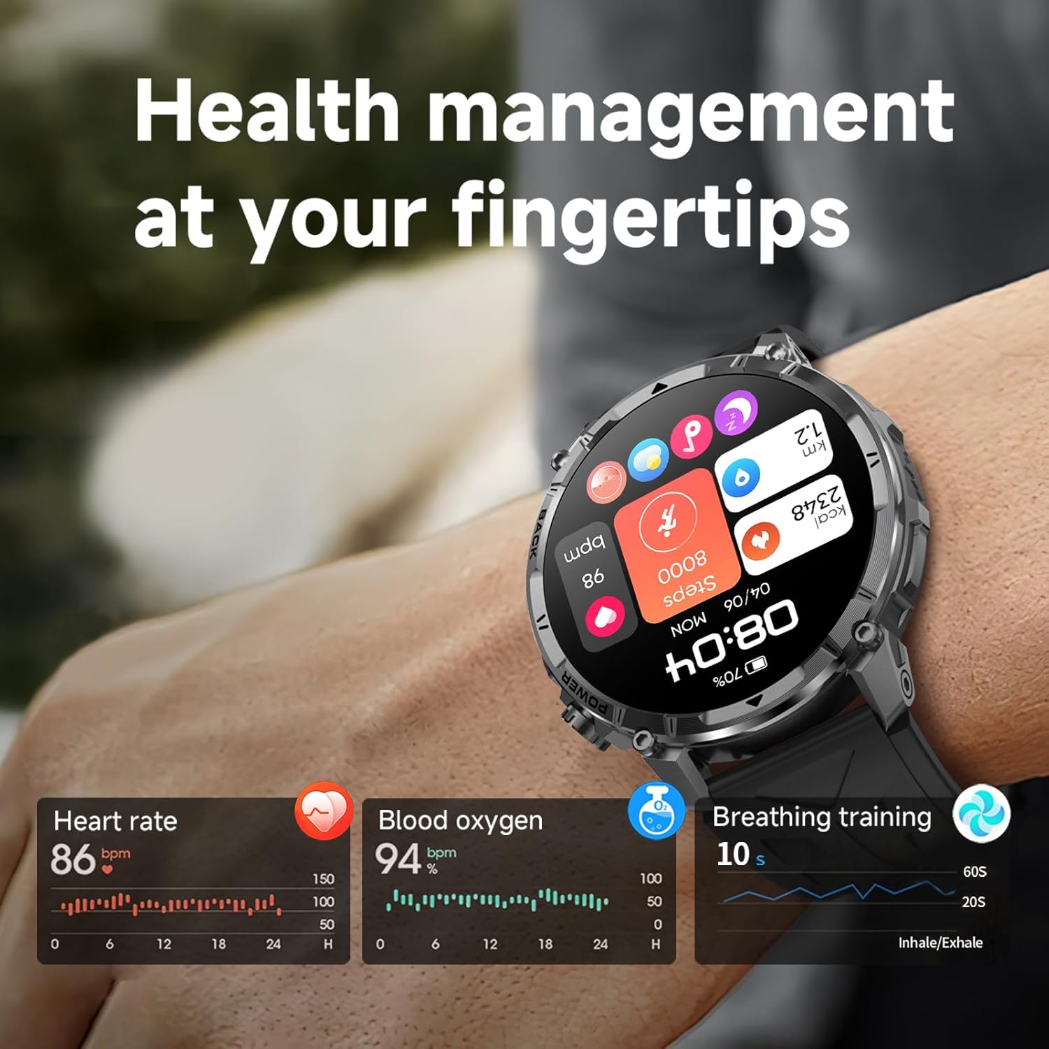 MIDDOW Military Smart Watch for Men with Flashlight, 1000mAh Battery 1.7" HD Screen, Heart Rate Blood Oxygen Sleep Monitor, 100+ Sports Modes IP68 Waterproof Fitness Tracker (2 Straps)