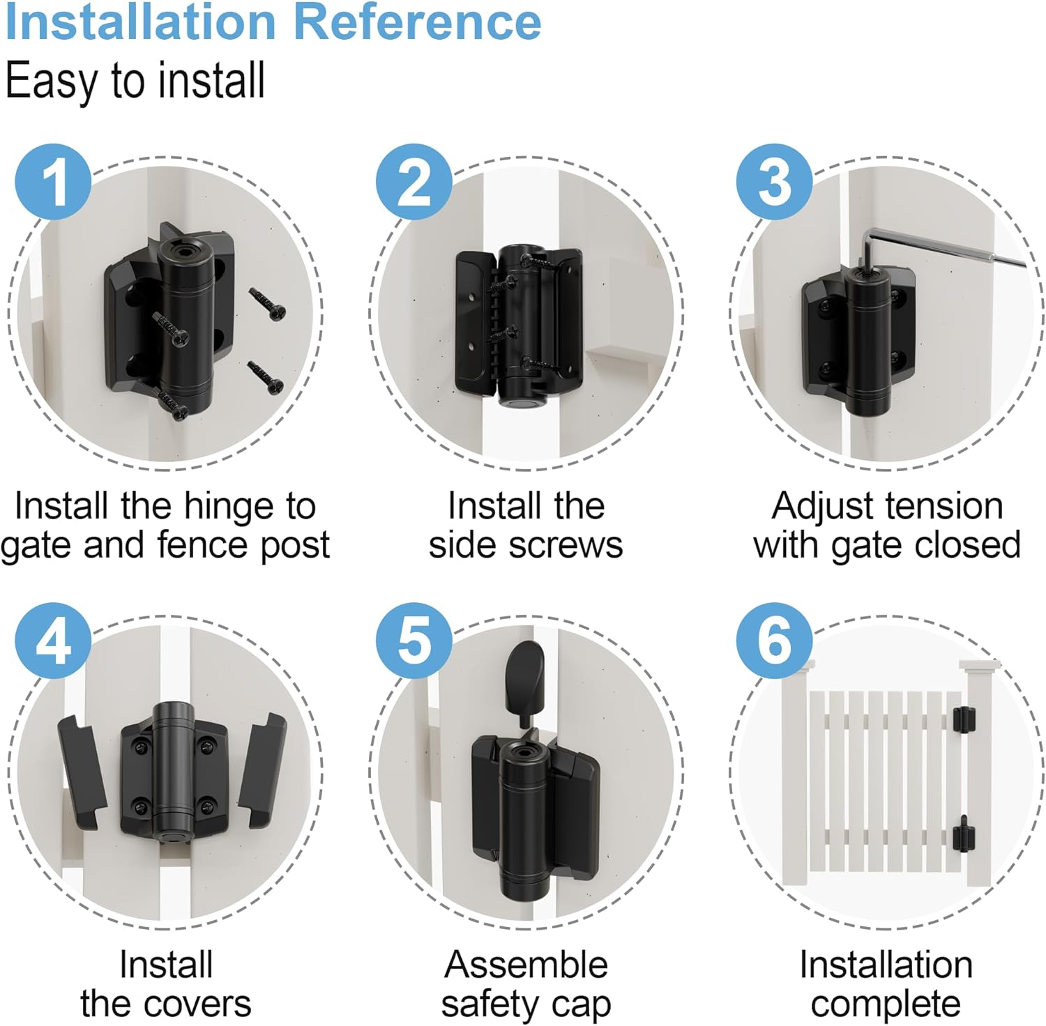 1 Pair Heavy Duty self-Closing Door Hinge kit, Hard hat Design, Rust-Proof Adjustable Fence Hinge for Outdoor Metal, Vinyl and Wood Grating Gates, Black (1)