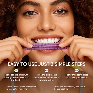 Purple Color Correcting Teeth Whitening Strips 7 Treatments, Dry & Wet Use, Instant Tone Neutralizing, Enamel-Safe, Non-Slip Fit for Daily Oral Care, 14 Strips