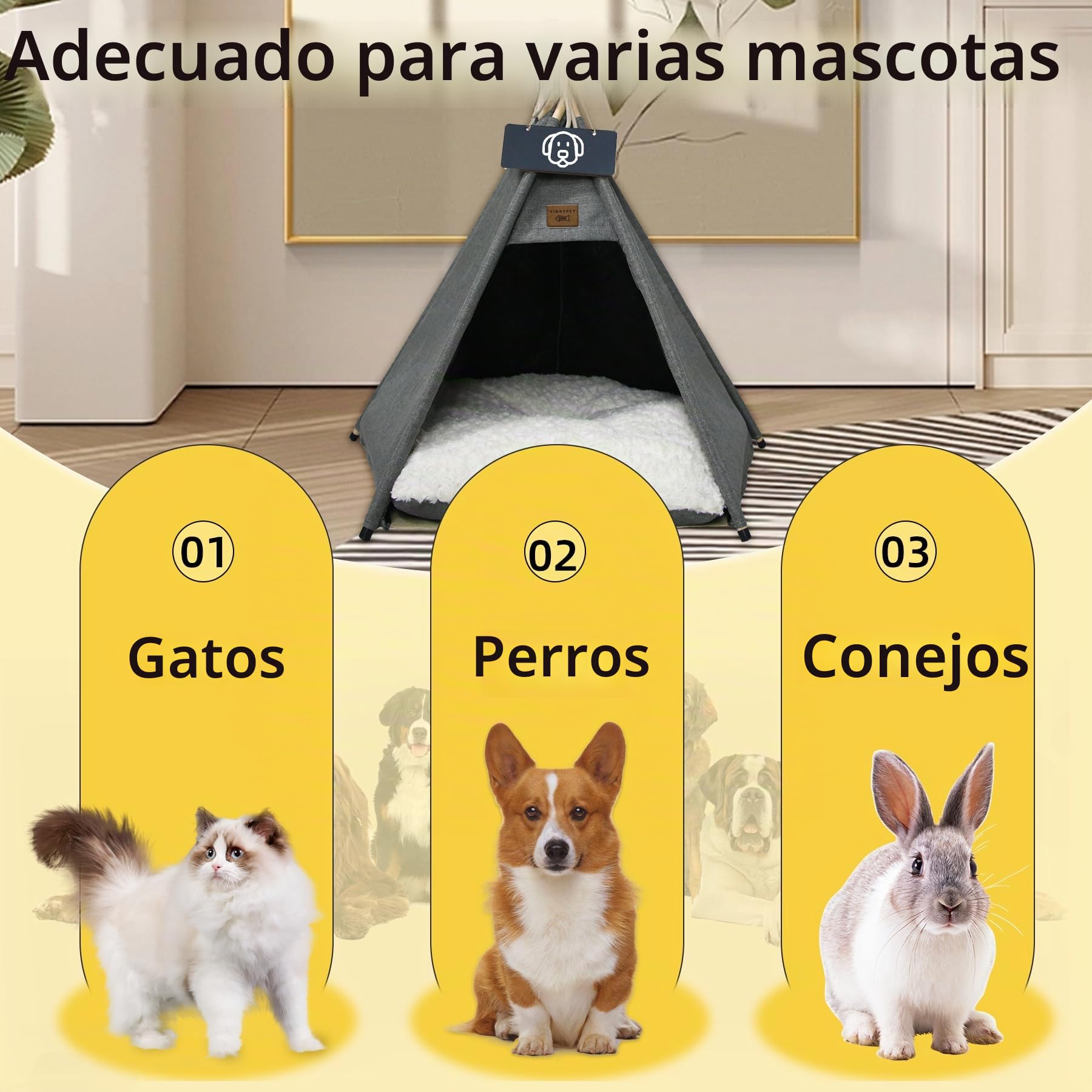 Mascotas Tipi para perros y gatos, casa de juegos con cojín de felpa para perros, tienda de campaña extraíble y lavable, 50 x 50 x 60 cm