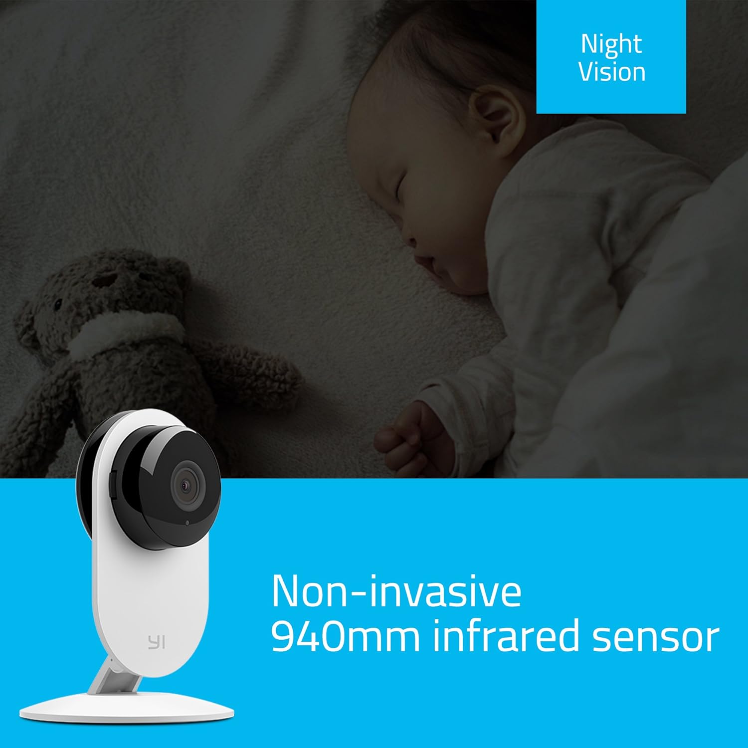 YI Home Camera with night vision monitoring a sleeping baby