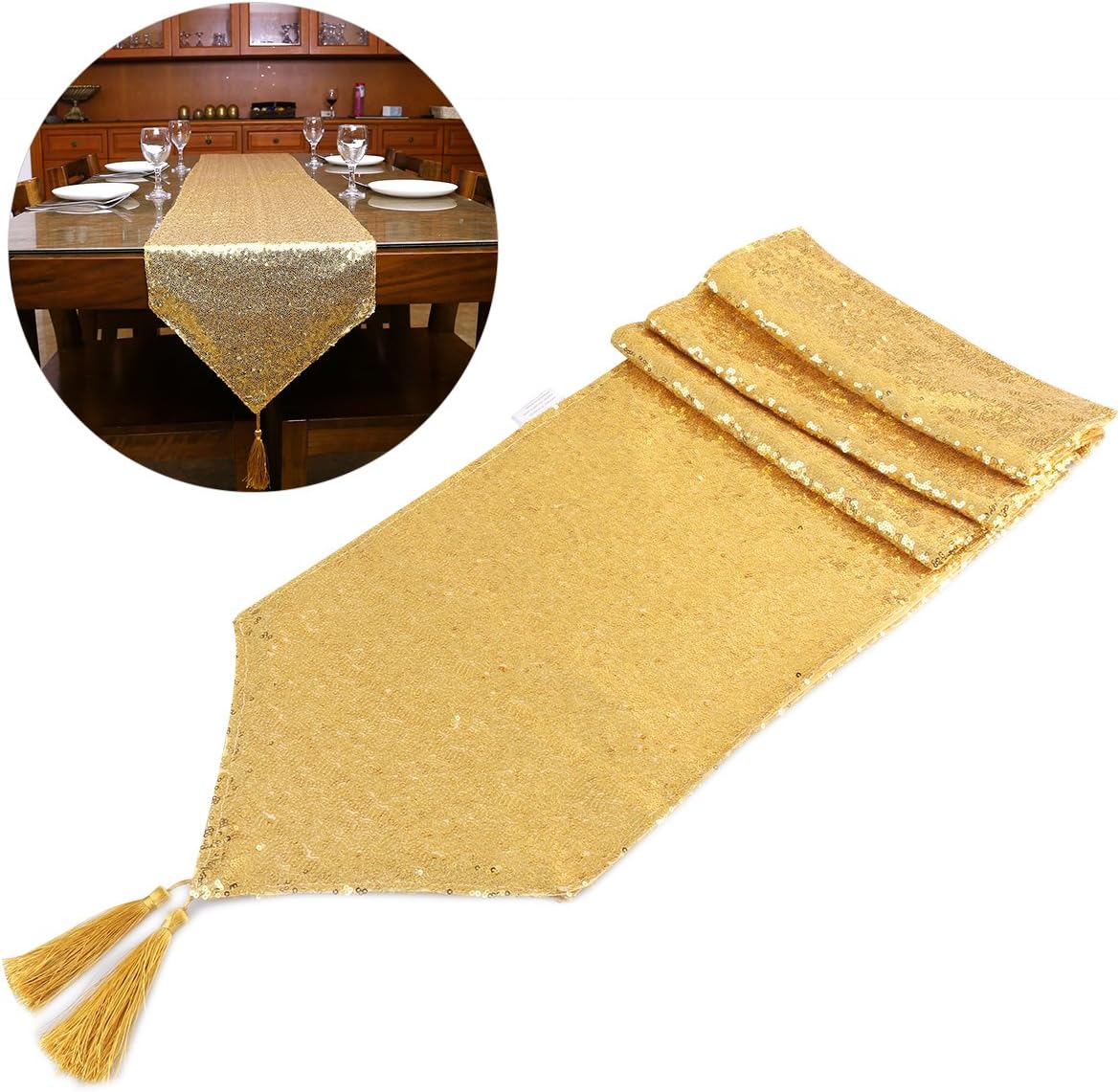 NICEXMAX Gold Sequin Table Runner 108 by 13 Inch for Weddings and Holidays