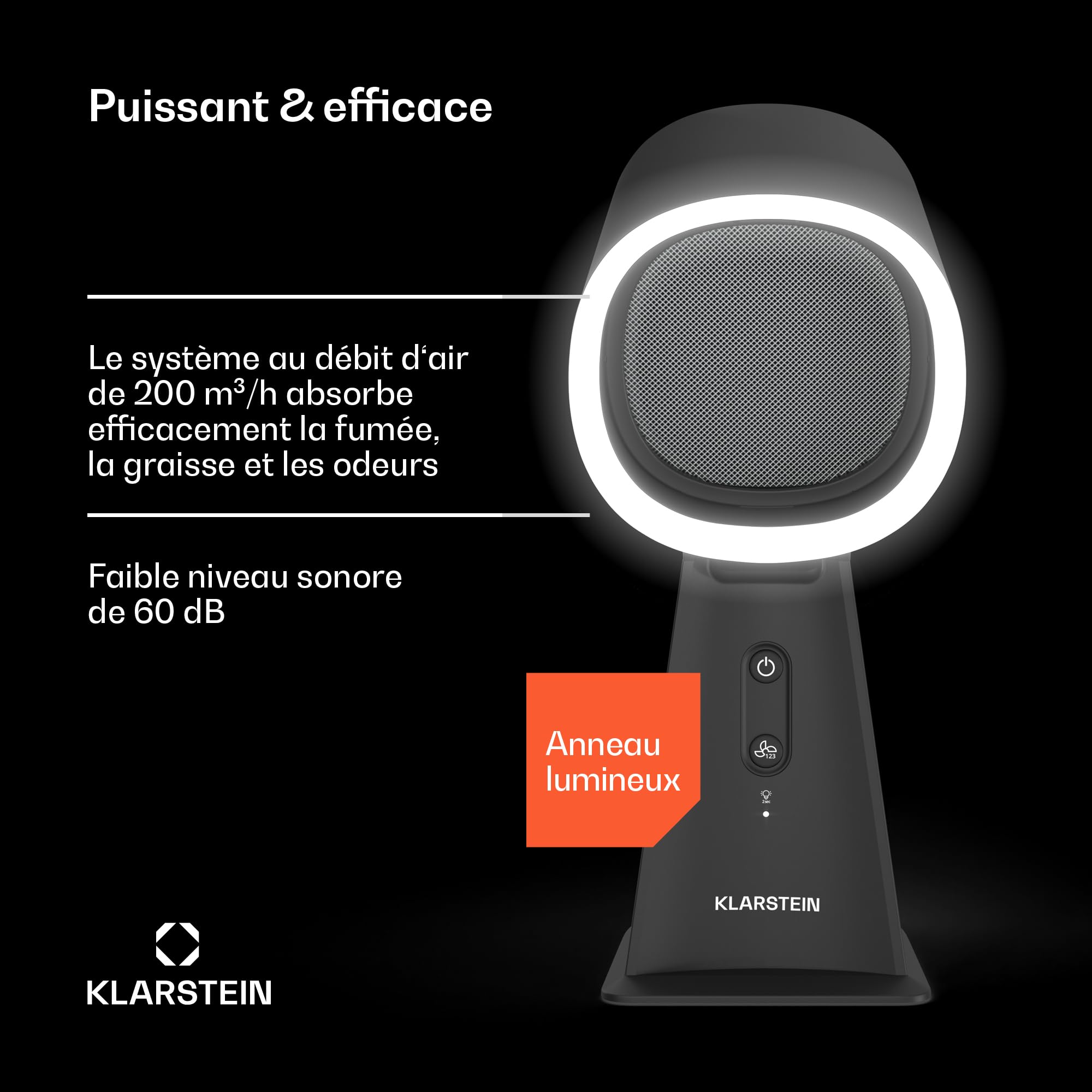 KLARSTEIN Mini Hotte Aspirante Portable – Compacte & Puissante 200 m³/h, Filtre Multicouche, Base Antidérapante, Idéale Petites Cuisines & Espaces Restreints