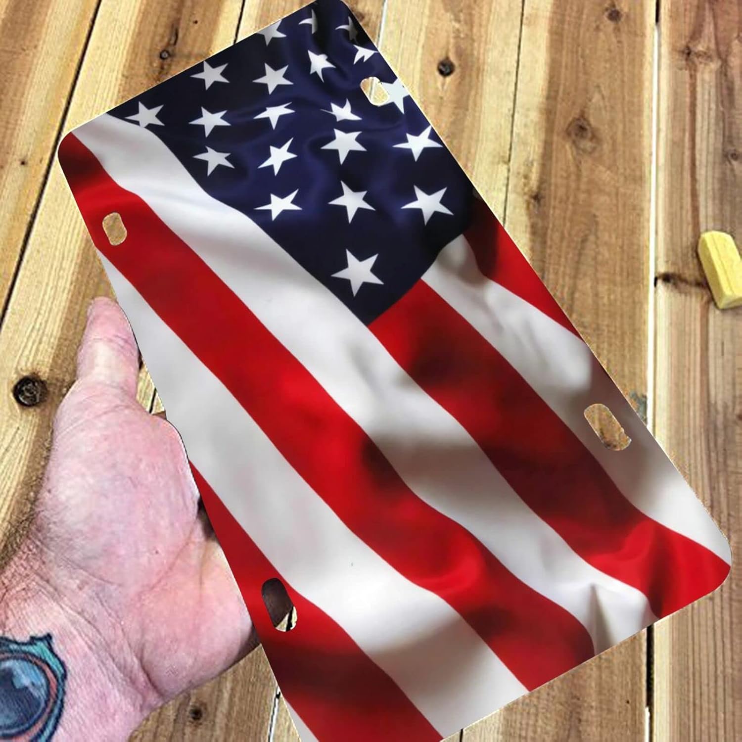 Patriotic American Flag Front License Plate Aluminum Decorative License Plates Funny Metal Car Plate 6"X12" Novelty Vanity Tag Cover with 4 Holes Car Decor Accessory