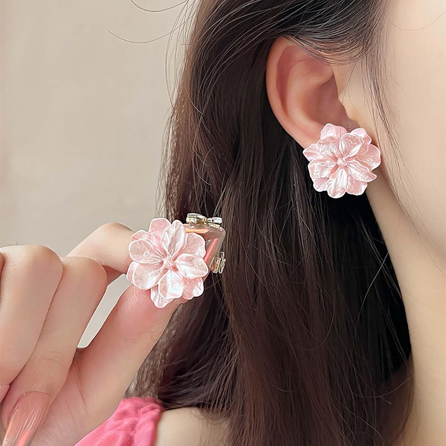 Boho Flower Earrings Acrylic Flower Earrings Flower Wedding Bridal Earrings Pink Flower Studs Earrings Vintage Camellia Flower Statement Earrings for Women - Image 2