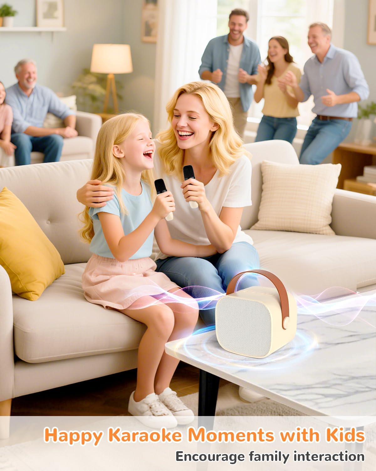 Mini Karaoke Machine for Kids Gifts for Girls Boys with 2 Wireless Microphones,4 Magic Voices,Portable Design for Indoor Outdoor Party Singing Fun,Birthday Christmas Toys for Children 3-12 Beige - Image 2