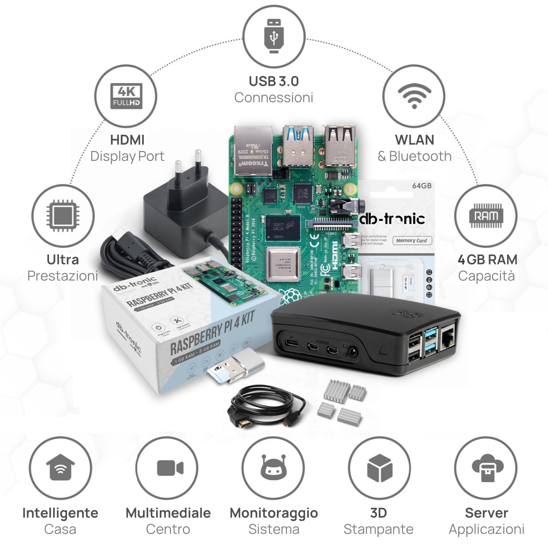 db-tronic Raspberry Pi 4 4 GB Starter Kit | Edizione nera da 64 GB | Alimentatore da 15 W | Alloggiamento | Cavo Micro HDMI 4K | Dissipatori | ideale per Home Assistant e la smart home