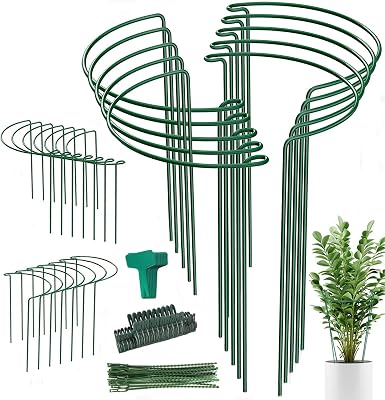 24 Pack Plant Support Stake, Half Round Metal Garden Plant Stake, Green Plant Support Ring, Border Support with Plant Lables & Plant Clips for Outdoor Indoor Plants, Vegetable, Flowers