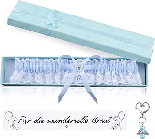 WANDIC Garterbelt Blue Wedding, Blue Lace Bridal Garter, 1 Set Wedding Card and Angel Wing Keychain, Gift Wrapping, Personalized Wedding Gift for Bride