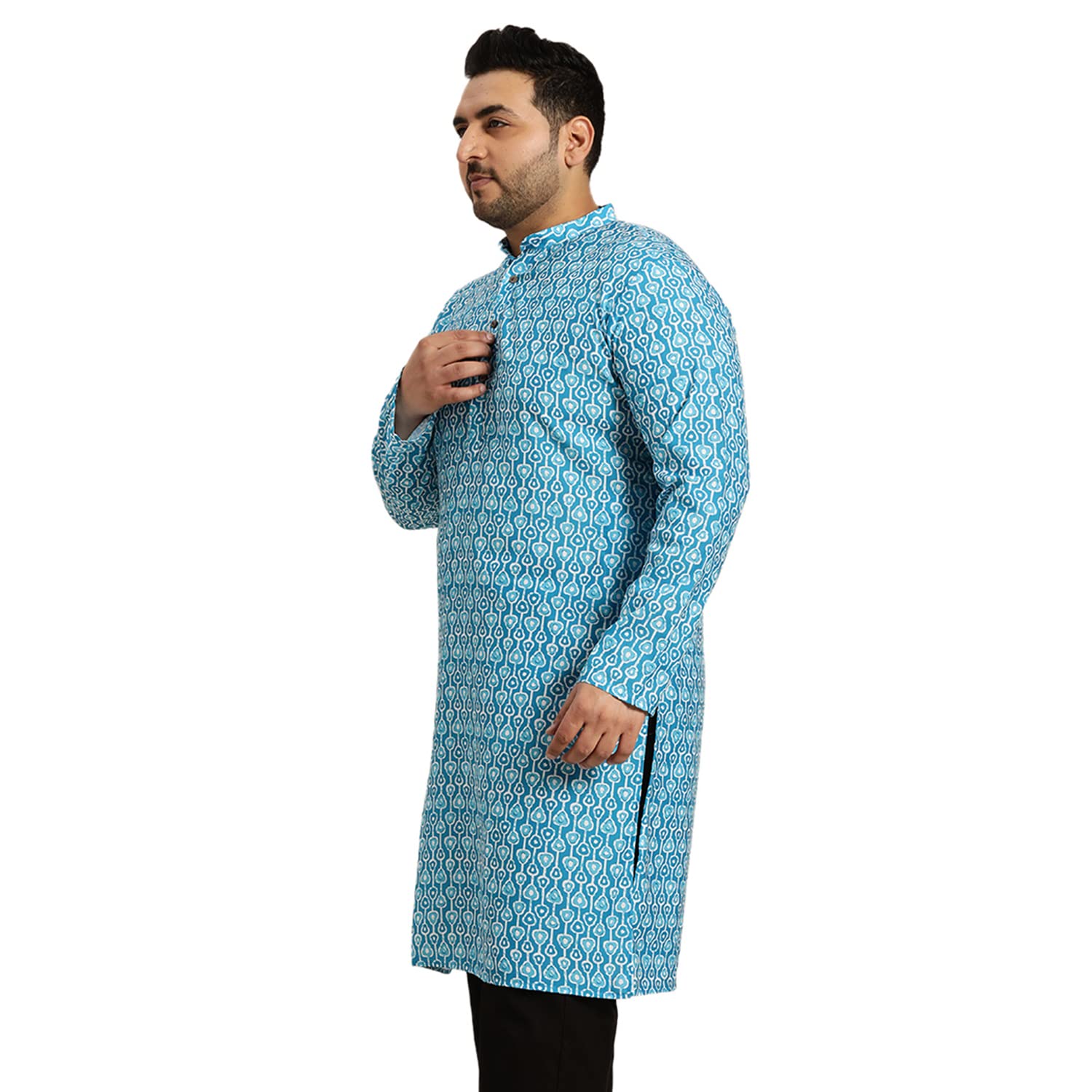 Sojanya Plus (Since 1958) Men's Cotton Turquoise Blue And White Printed Only Long Kurta