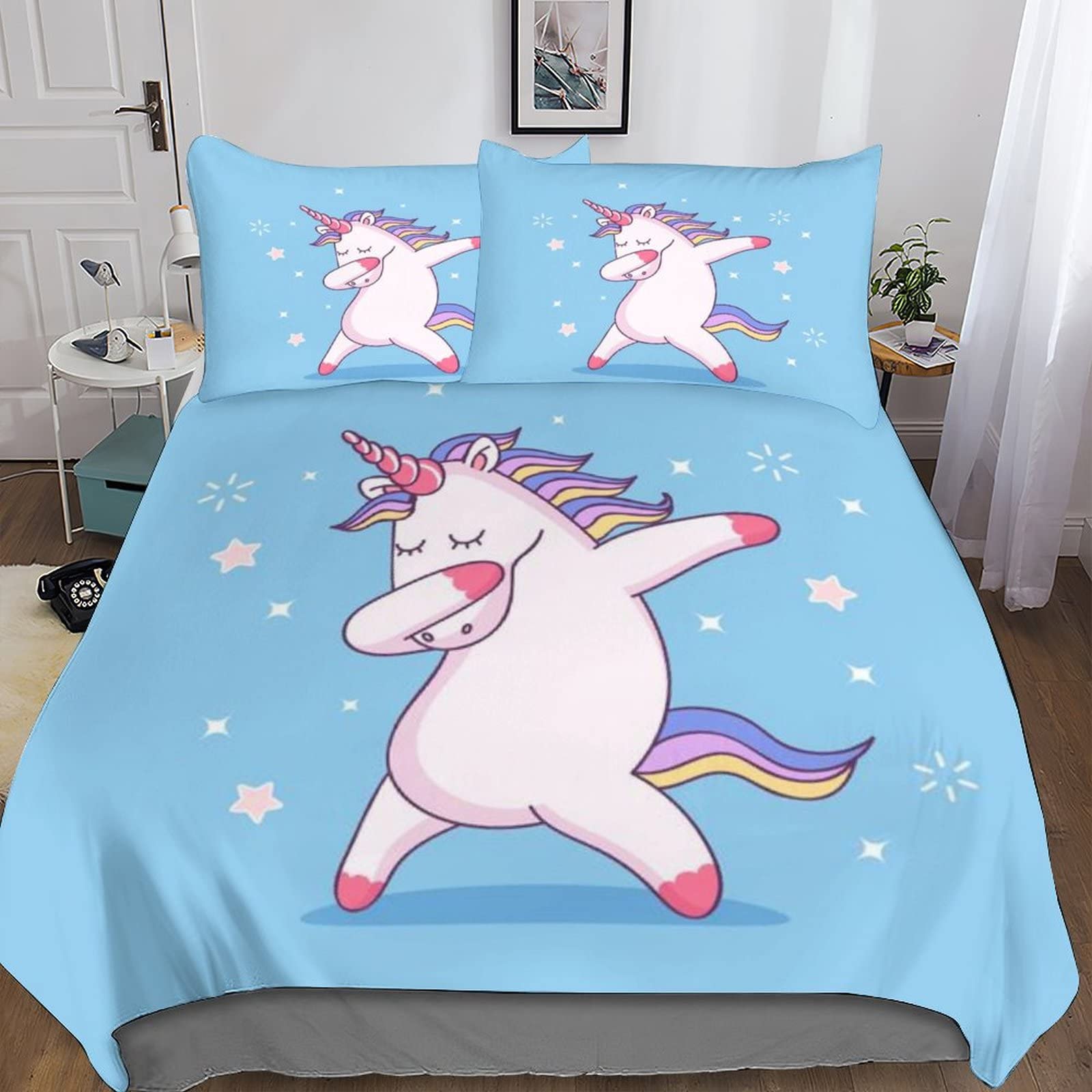 Housse de couette licorne 220x240 parure de lit 3D microfibre avec taie d'oreiller