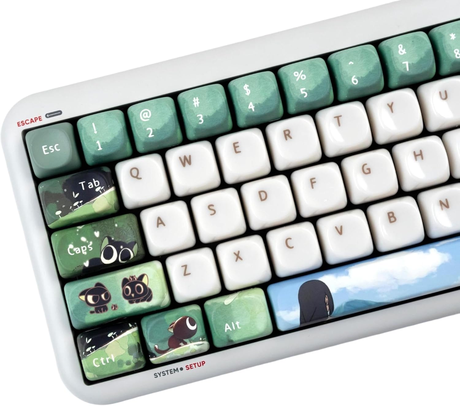 Cute PBT/PC Keycaps 140keys - Black Cat Theme Green and White Keycap - MOA Profile Dye Sublimation Custom Keycap Set for Cherry Gateron MX Switches Mechanical Keyboard