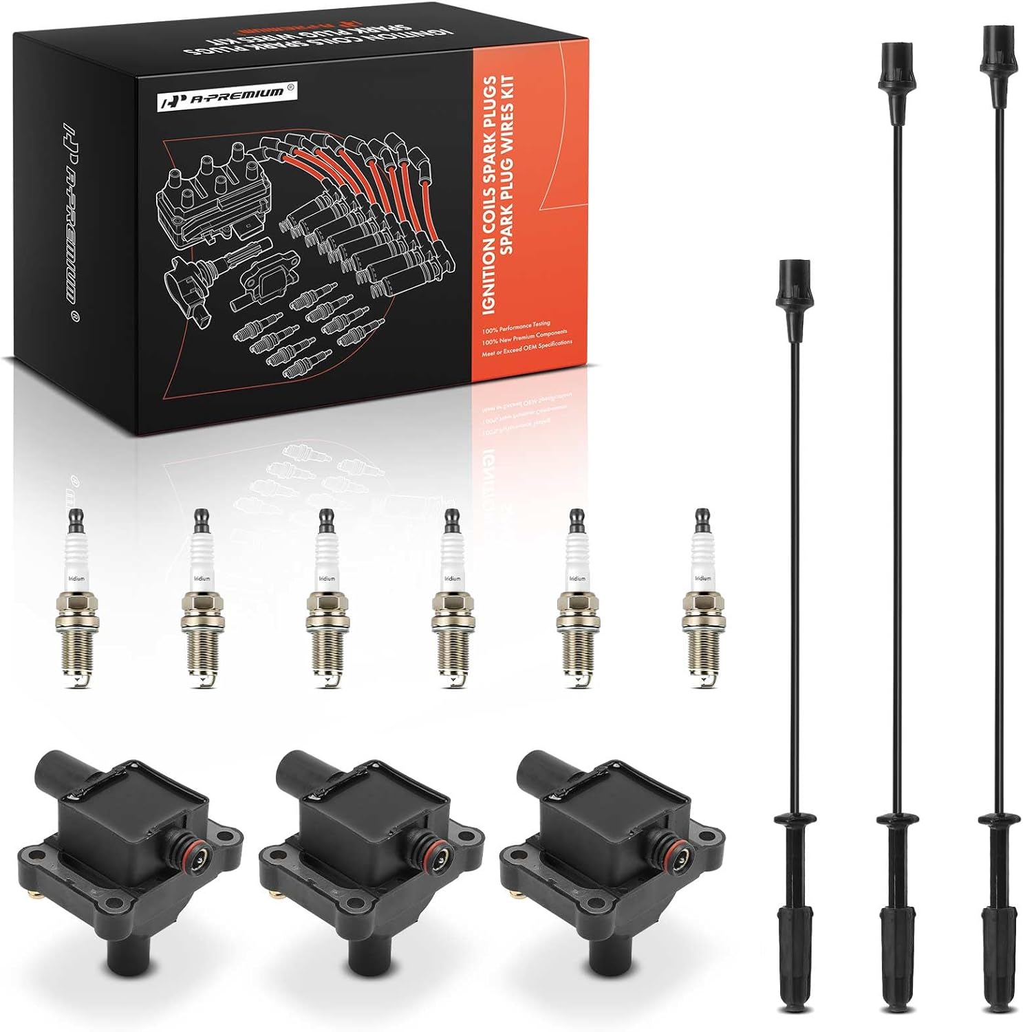 A-Premium 3 Ignition Coil with 3 Spark Plug Wire and 6 Iridium Spark Plug Compatible with Mercedes-Benz C280 1994-1996, C36 AMG 1995-1996, E320 1994-1995, S320/SL320 1994-1996, 300CE/300E/300TE 1993