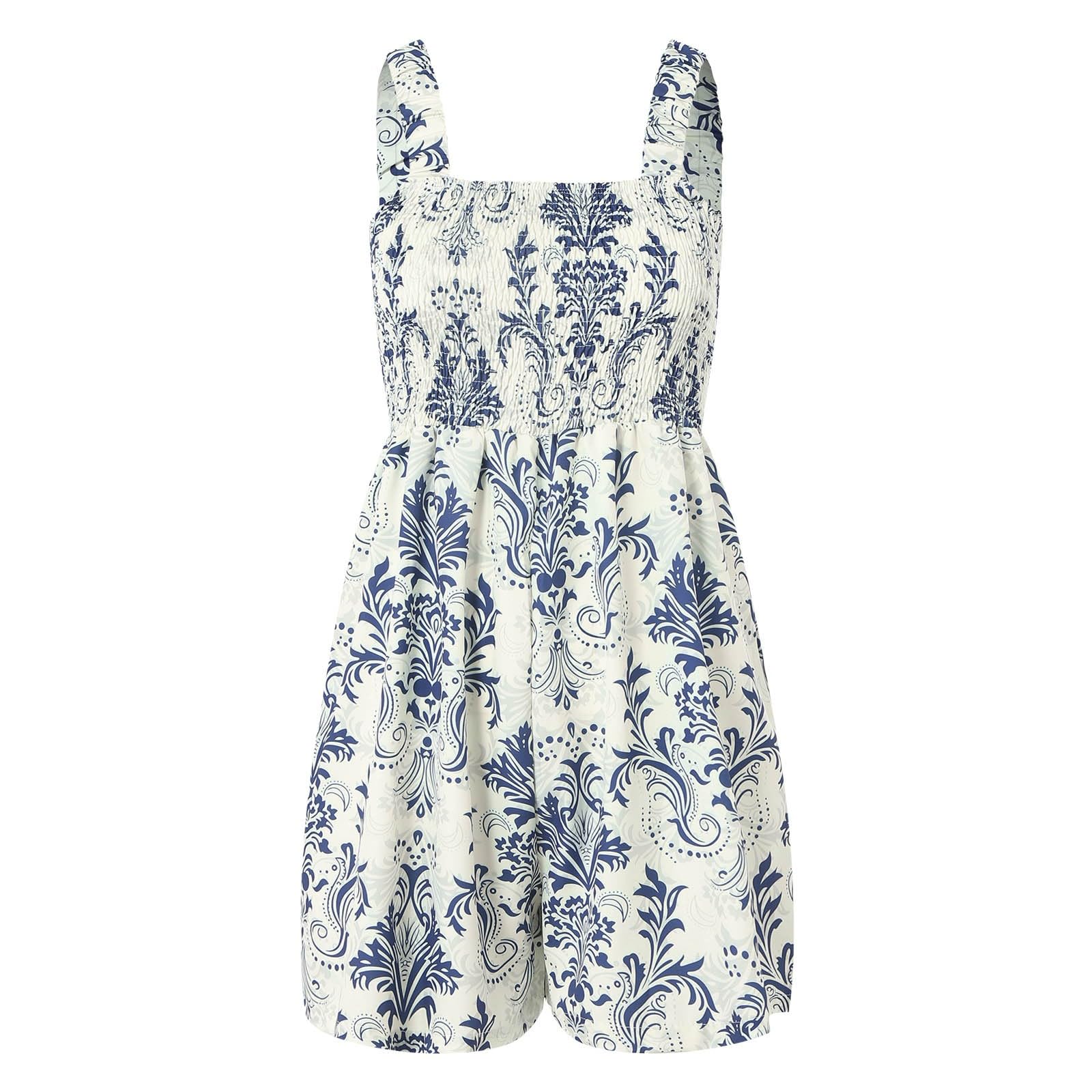 Combinaison Femme Ete Combishort Encolure Carrée sans Manches Casual Combishort Courte Boheme Motif à Fleurs Jumpsuit avec Poche Combinaison courte d'été femme Décontractée Short ample Jambes larges