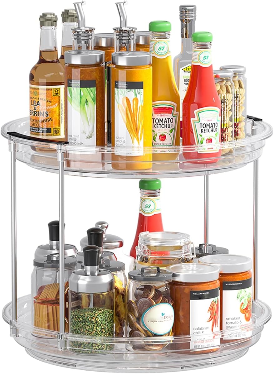 Lazy Susan 2 Tier Organizer Turntable Organization for Cabinet, Rotating Spice Rack Kitchen,Pantry, Bathroom,Makeup Vanity Countertop, Under Sink Organizing(Clear, 9.25in-1Pack)