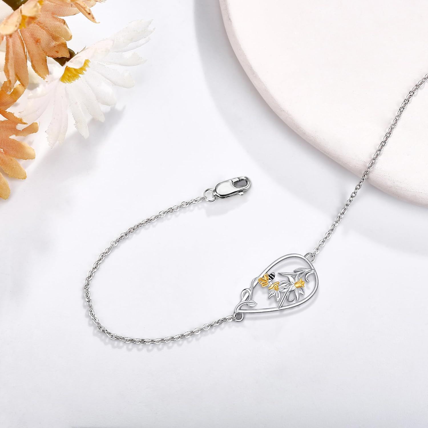 Daffodil Bracelet 925 Sterling Silver Flower Teardrop Bracelets Floral Daffodil Jewelry Gift for Women - Image 2