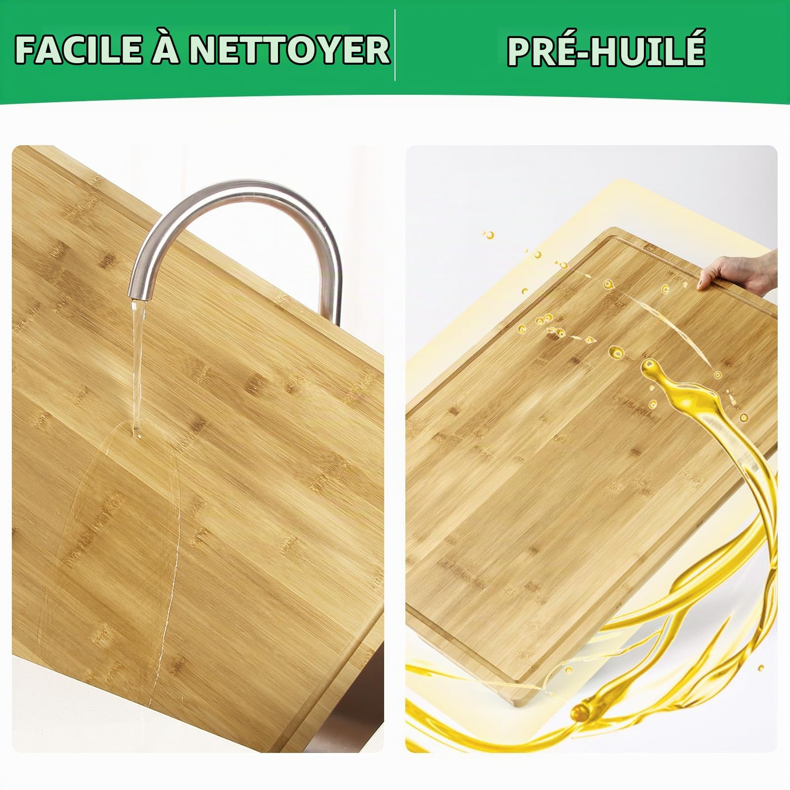 Planche à découper en bois - 76 x 51 x 2 cm - En bambou - Avec poignées et rainure profonde - Idéale pour les couteaux - Rectangulaire - Utilisable des deux côtés - Pour viande, légumes et pain
