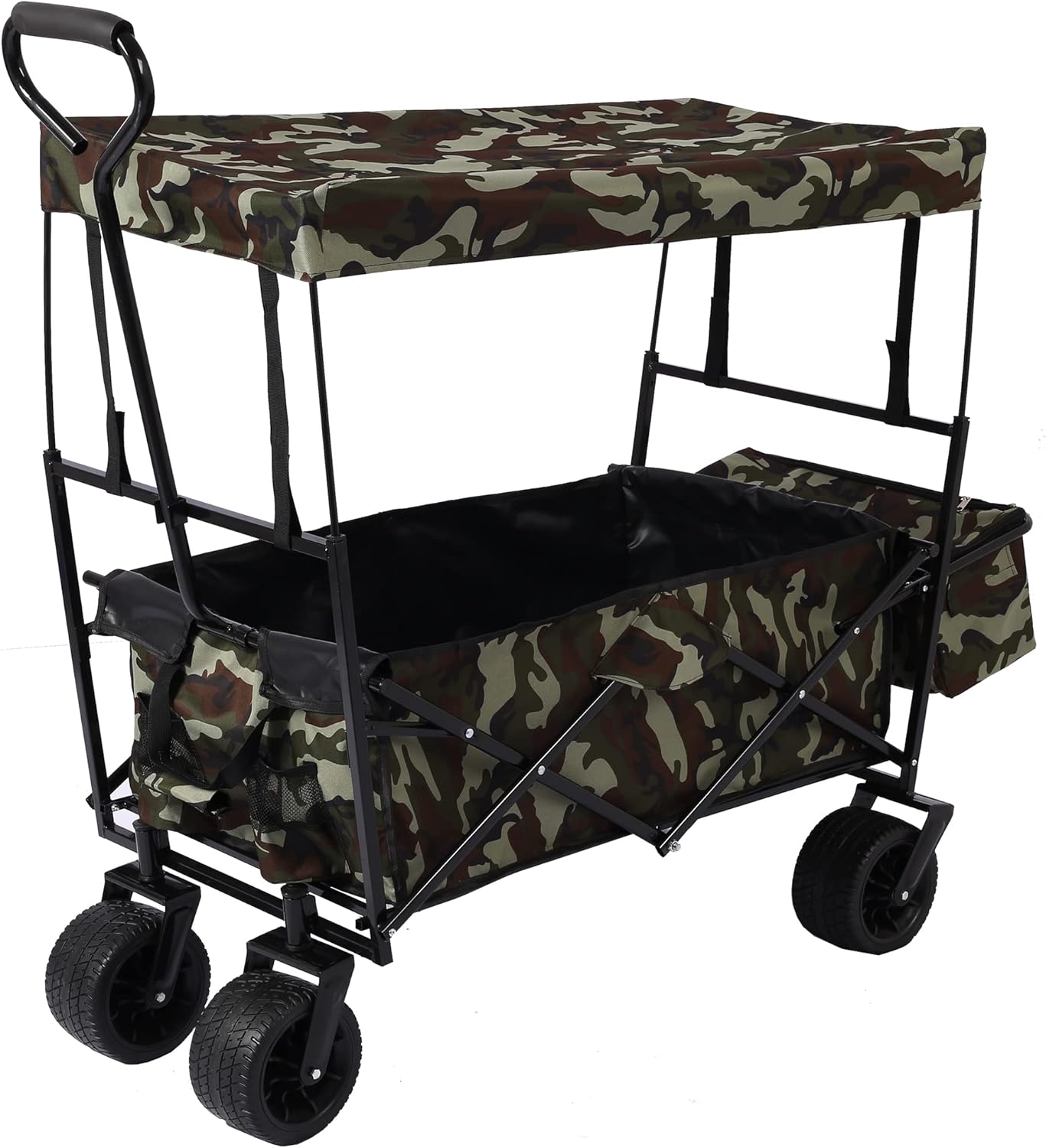 Outdoor Garden Park Wagon with Canopy and Pockets, Foldable Portable Utility Beach Trolley Cart with 7" Wheels for Camping Garden Sports (262LBS Max Weight Capacity) Dark Green Black As Shown