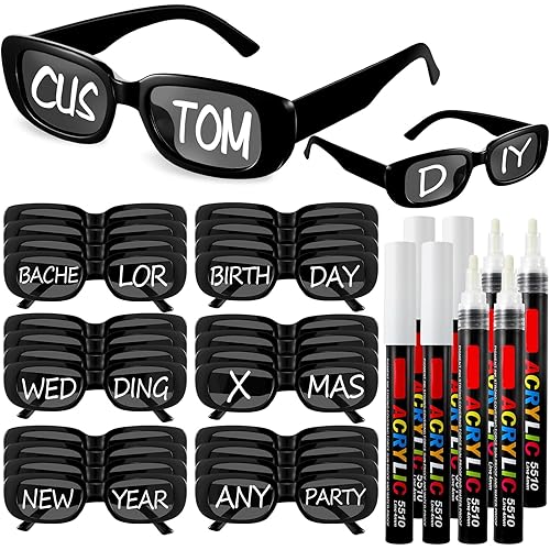 Flutesan 24 Pcs Personalized Rectangle Sunglasses with 8 Pcs White Marker Pens for Adult DIY Custom Birthday Wedding