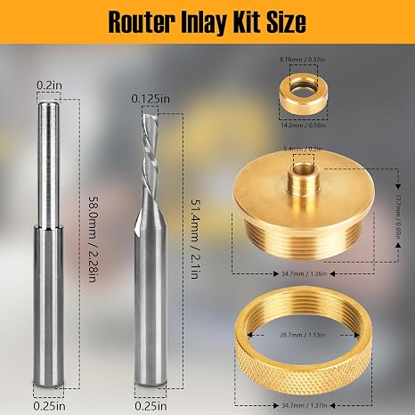 71333 Inlay Router Bit Bushing Set for 1/4 Templates High RPM Routing, Includes 1/8 Carbide Spiral Bit + 1/4 Shank - Universal Quick Change Bushing, Retainer Nut, Collar, Alignment Pin