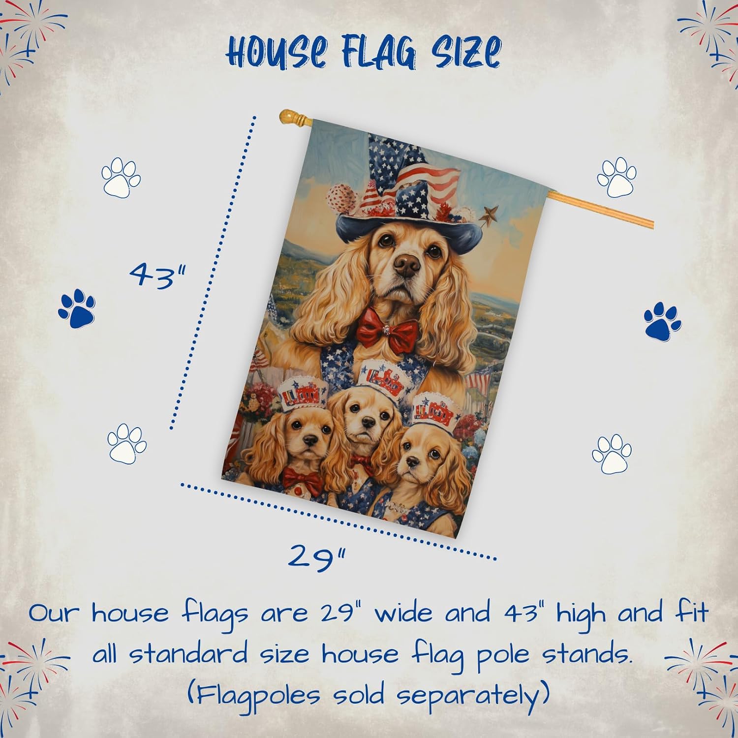 Cocker Spaniel Dog 4th of July OutfitHouse Flag – Personalized Double Sided Patriotic Yard Decor with Cute Dogs American Flags Outdoor Decoration for Lawn, Garden, Porch or Patio 28"W x 40"H