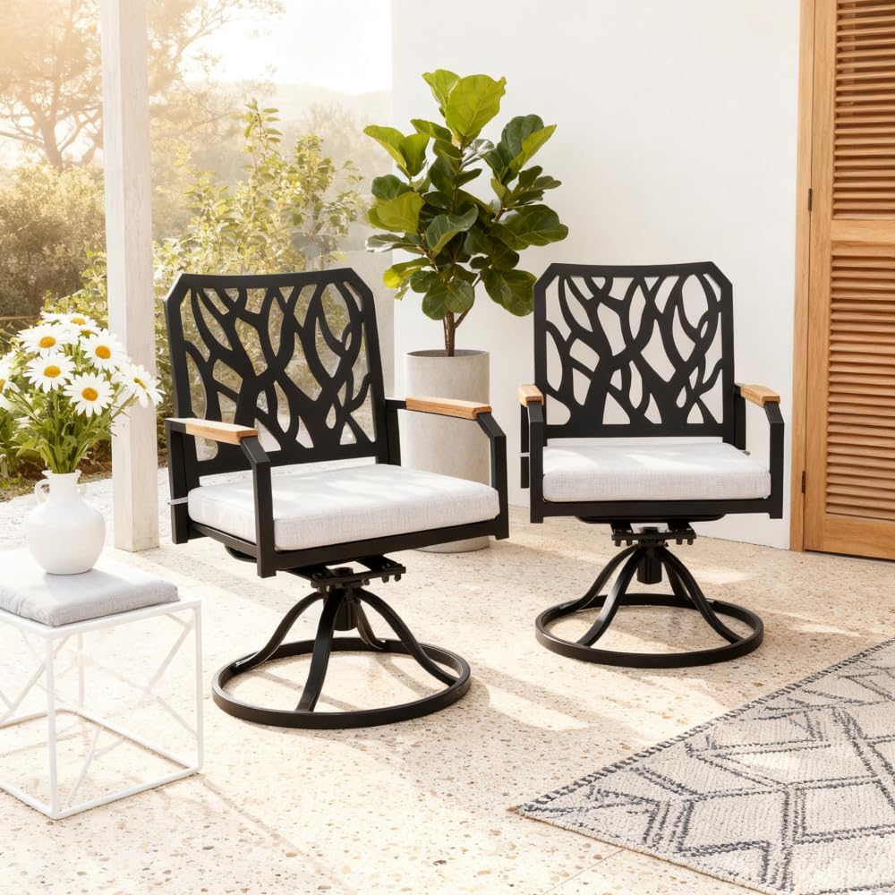 Patio Chairs Set of 2, Cast Aluminum Patio Dining Chairs with Sunbrella Fabric Cushions, Ergonomic Lattice Backrest Design, Outdoor Dining Chair for Balcony, Backyard, Garden