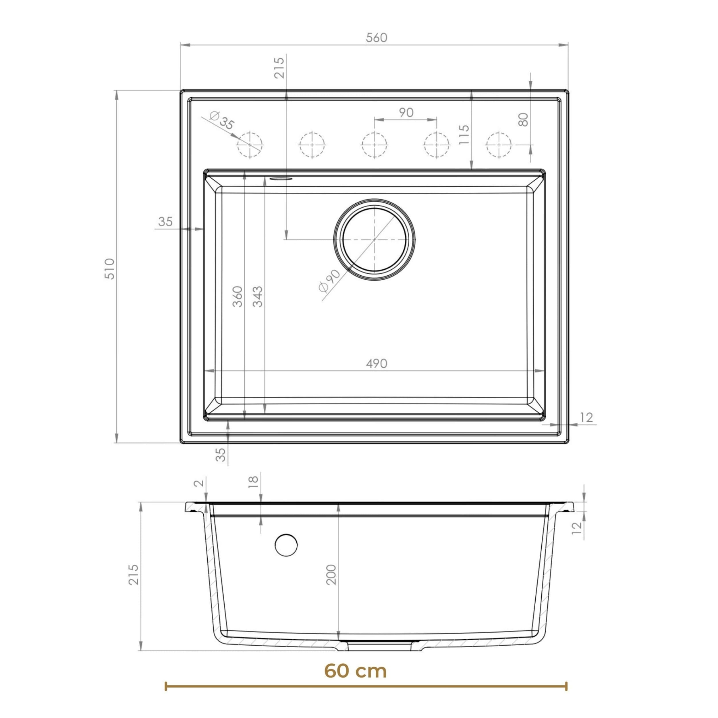 SINK Quality zlewozmywak biały granit 56 x 51 cm – nowoczesny zlewozmywak kuchenny z deską do krojenia, syfon, złoty, ociekacz, środek impregnujący, zlewozmywak do zabudowy, umywalka pojedyncza do