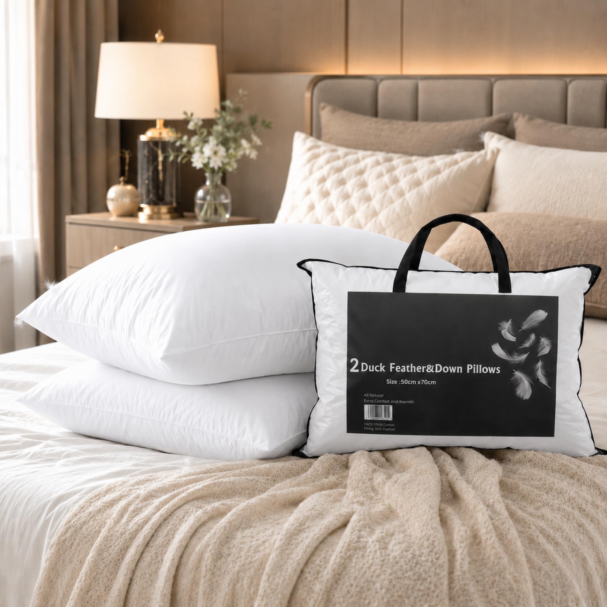Y Homeware White Yorkshire Homeware Duck Feather And Down Pillows, Hotel Quality, Extra Filled (Pack Of 2)
