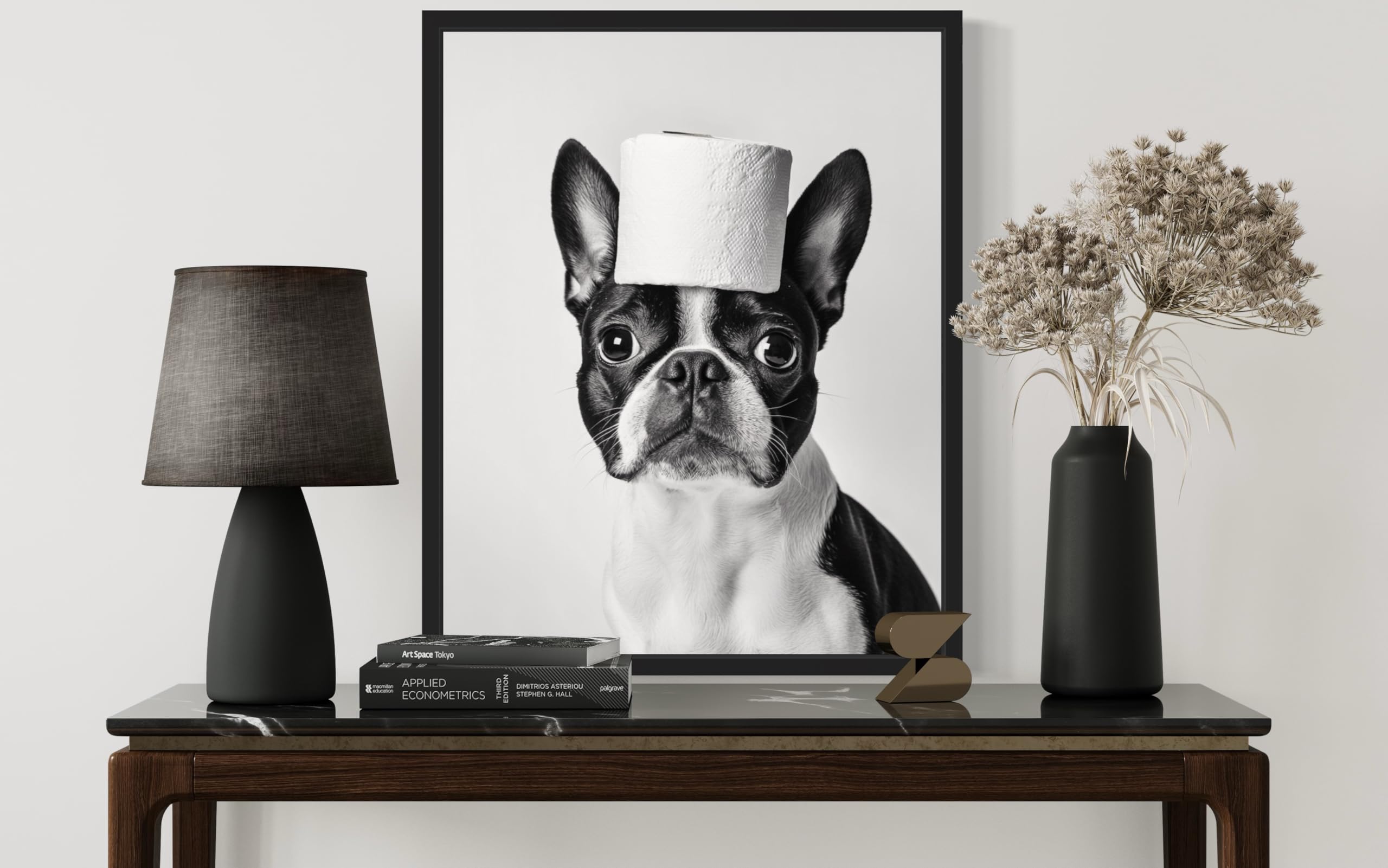 Boston Terrier With Toilet Paper Roll in Mouth, Toilet Humor, Boston Gifts, Bathroom Print, Dog Lover Gift, WC Wall Art, Framed Print