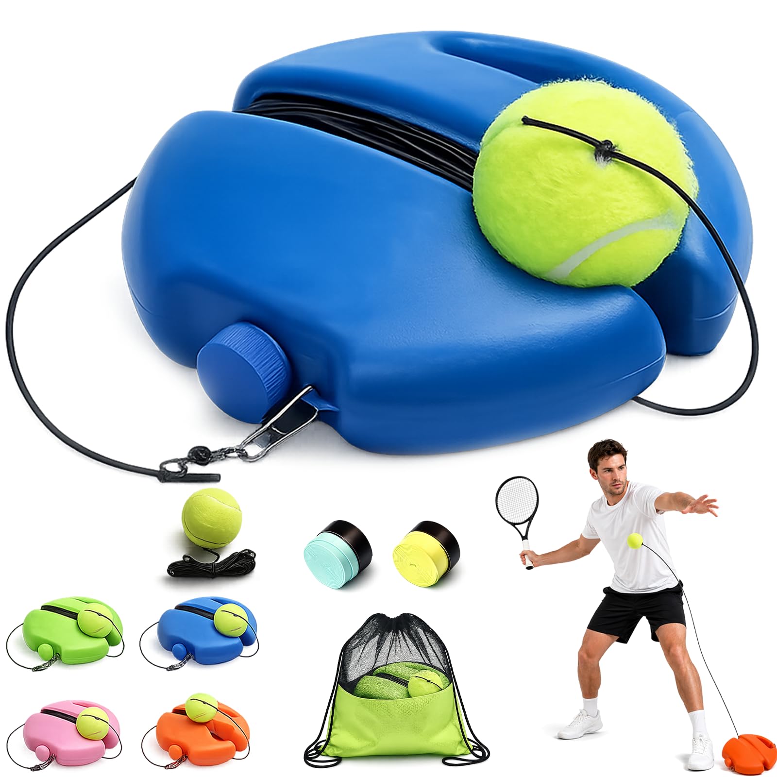 Liocwocne 2026 Upgrade Tennis Ball Training Baseboard - Solo Tennis Trainer Rebound Ball with Anti-Tangle String & Weighted Anti-Slide Base, Portable Practice Equipment for Adults (Blue,1set+1ball)